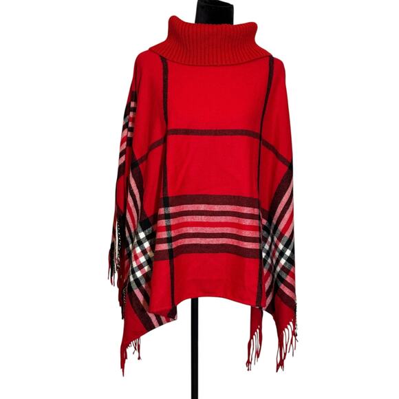 Talbots Size XS/S‎ Red Plaid Cowl Neck Fringe Poncho Classic Fall Winter Preppy - Picture 1 of 12
